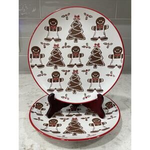 Set of 2 GINGERBREAD COOKIES CHRISTMAS TREE Ceramic 8.5” Salad Plate Eli + Ana